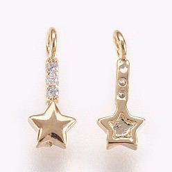 Real 18K Gold Plated Brass Micro Pave Cubic Zirconia Charms, Nickel Free, Star, Clear, Real 18K Gold Plated, 11.5x4.5x1.5mm, Hole: 1.8mm