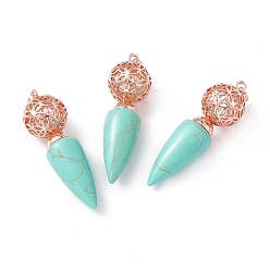 Synthetic Turquoise Synthetic Turquoise Big Pendants, Cone Charms with Rack Plating Brass Hollow Ball, Rose Gold, Cadmium Free & Lead Free, 57~58x17.5~18mm, Hole: 8x5mm