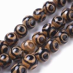Black Tibetan Style 3-Eye dZi Beads, Natural Agate Beads Strands, Dyed & Heated, Round, Black, 12mm, Hole: 1mm, about 30pcs/strand, 13.97 inch(35.5cm)