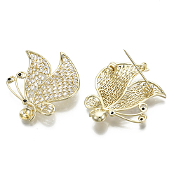 Real 18K Gold Plated Brass Micro Pave Cubic Zirconia Brooch Findings, For Half Drilled Beads, Butterfly, Nickel Free, Real 18K Gold Plated, Tray: 6mm, 44x37mm, pin: 1mm