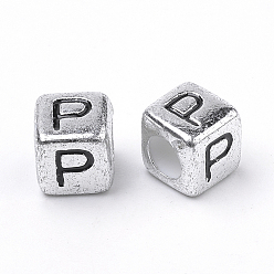 Letter P Plated Acrylic Beads, Horizontal Hole, Cube with Letter, Antique Silver, Letter.P, 6mm, Hole: 3mm, about 3000pcs/500g