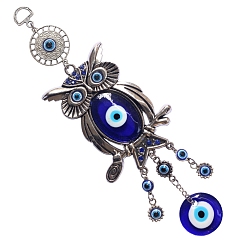 Antique Silver Handmade Lampwork Evil Eye Pendant Decorations, with Resin Rhinestone, Alloy Finding, Owl, Antique Silver, 290mm, Hole: 14x10mm