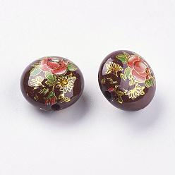 Brun De Noix De Coco Perles de résine imprimées de fleurs, plat rond, brun coco, 16.5x9mm, Trou: 2mm