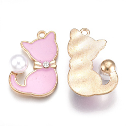 Pearl Pink Alloy Enamel Kitten Pendants, Cadmium Free & Lead Free, with Rhinestone and ABS Plastic Imitation Pearl, Cat with Bowknot Shape, Light Gold, Crystal, Pearl Pink, 30x20x9mm, Hole: 2mm