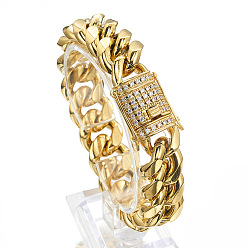 Golden Stainless Steel Curb Chain Bracelet with Rhinestone Clasps, Golden, 7-1/8 inch(18cm)