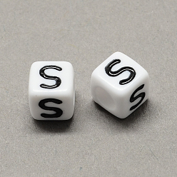 Letter S Grand trou acrylique lettre européenne perles, trou horizontal, blanc et noir, cube avec letter.s, 6x6x6mm, Trou: 4mm, environ2950 pcs / 500 g