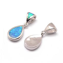 Platinum Brass Charms, with Synthetic Opal, teardrop, Cyan, Platinum, 15.5x9x2.5mm, Hole: 3mm