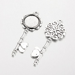 Antique Silver Tibetan Style Alloy Key Big Pendant Cabochon Settings, Cadmium Free & Lead Free, Antique Silver, Tray: 14mm, 52x20x2mm, Hole: 3mm, about 310pcs/1000g