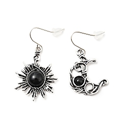 Black Resin Beaded Moon and Sun Asymmetrical Earrings, Alloy Dangle Earrings for Women, Black, 40.5~45mm, Pin: 0.6mm