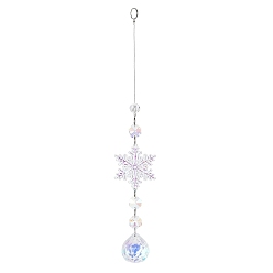 Round AB Color Glass Snowflake Pendant Decorations, Glass Charms and Iron Ring Suncatcher Window Hanging Ornament, Round, 275mm