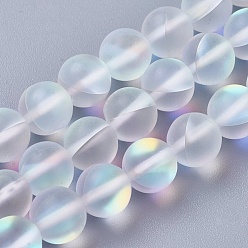 Clear Synthetic Moonstone Beads Strands, Holographic Beads, Round, Frosted, Clear, 10mm, Hole: 1mm, about 40pcs/strand, 15.16 inch(38.5cm)