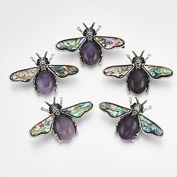 Amethyst Natural Amethyst Brooches/Pendants, with Rhinestone and Alloy Findings, Abalone Shell/Paua Shelland Resin Bottom, Bee, Antique Silver, 36x56.5x14mm, Hole: 7x4mm, Pin: 0.7mm
