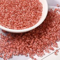 Salmon 8/0 Transparent Glass Seed Beads, Inside Colours, Round Hole, Round, Salmon, 3~3.5x2mm, Hole: 1~1.2mm, about 450g/bag