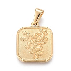 Golden Valentine's Day 304 Stainless Steel Pendants, Square with Rose, Golden, 20.5x17.5x2mm, Hole: 3x6.5mm