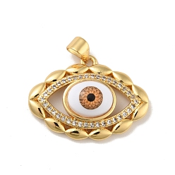 Saddle Brown Brass Micro Pave Cubic Zirconia Pendants, with Acrylic, Cadmium Free & Lead Free, Long-Lasting Plated, Evil Eye, Real 18K Gold Plated, Saddle Brown, 19.5x26x7mm, Hole: 4x3.5mm