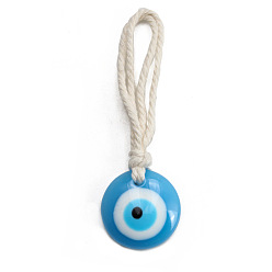 White Flat Round with Evil Eye Resin Pendant Decorations, Braided Cotton Cord Hanging Ornament, White, 10.2cm