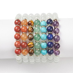 Mixed Stone 7Pcs 7 Style Natural & Synthetic Mixed Gemstone & Cat Eye Round Beaded Stretch Bracelets Set, Chakra Yoga Stackable Bracelets for Women, Inner Diameter: 2 inch(5.1cm), 1Pc/style
