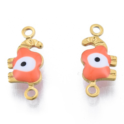 Light Salmon 304 Stainless Steel Enamel Connector Charms, Real 18K Gold Plated, Elephant with Evil Eye, Light Salmon, 6.5x15x2.5mm, Hole: 1.2mm