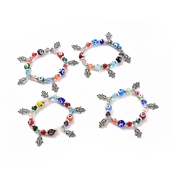 Colorful Random Color Lampwork Evil Eye & Glass Beaded Stretch Bracelet with Alloy Hamsa Hand Charm for Women, Colorful, 7-1/2 inch(19cm)