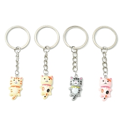 Mixed Color Cat Resin Pendants Keychain, with Iron Split Key Rings, Mixed Color, 8.5cm, 4pcs/set