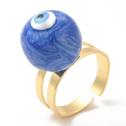 Blue Enamel Round with Evil Eye Beaded Open Cuff Ring, Real 18K Gold Plated Brass Jewelry for Women, Blue, Inner Diameter: 20mm