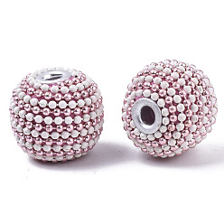 Pink Perles Indonésiennes manuelles, avec de l'argile polymère, noyaux en laiton plaqué argent et chaînes à billes de fer, ronde, rose, 18~20x15~17mm, Trou: 3mm