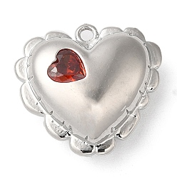Red Brass Pendants, with Glass, Nickel Free, Heart Charms, Real Platinum Plated, Red, 15.5x16.5x6.5mm, Hole: 1.2mm
