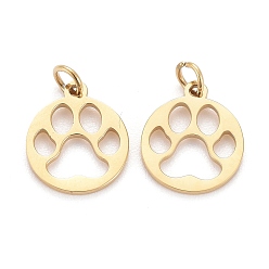 Golden Ion Plating(IP) 304 Stainless Steel Pet Charms, with Jump Rings, Flat Round with Dog Footprint, Golden, 9.5x8x1.5mm, Hole: 2mm