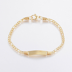 Golden 304 Stainless Steel Link Bracelets, ID Bracelets, with Lobster Clasp, Rectangle, Golden, 7-1/8 inch(180mm)