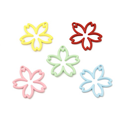 Mixed Color Rack Plating Alloy Pendants, Spray Painted Sakura Charms, Cadmium Free & Nickel Free & Lead Free, Mixed Color, 22.5x22x1.3mm, Hole: 1.4mm