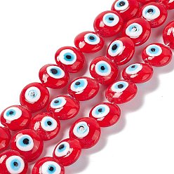 Red Handmade Evil Eye Lampwork Beads Strands, Flat Round, Red, 14~15.5x8mm, Hole: 1~1.4mm, about 14pcs/strand, 12.60 inch(32cm)