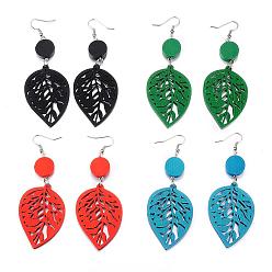 Mixed Color Trendy Leaf Wood Dangle Earrings, with Platinum Tone Alloy Earring Hooks, Mixed Color, 89~92x34~36mm, pin: 0.8mm
