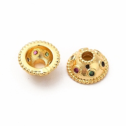 Chapado en Oro Real 18K Abalorios de tapas de latón, con diamantes de imitación, apétalo, real 18 k chapado en oro, 8x4 mm, agujero: 2 mm