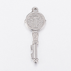 Stainless Steel Color 304 Stainless Steel Cross God Father Religious Christianity Pendants, Key with Word CssmlNdsmd, Stainless Steel Color, 35x13.5x2.5mm, Hole: 2mm