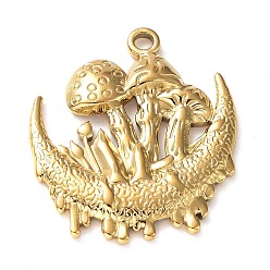Real 18K Gold Plated Ion Plating(IP) 304 Stainless Steel Pendants, Moon with Mushroom Charm, Real 18K Gold Plated, 28x24.5x3mm, Hole: 2mm