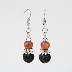 Lava Rock Natural Lava Rock Dangle Earrings, with Wood Beads and Metal Findings, 48mm, Pin: 0.6mm