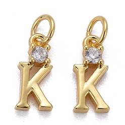 Letter K Brass Micro Pave Clear Cubic Zirconia Pendants, with Jump Rings, Real 18K Gold Plated, Long-Lasting Plated, Letter, Letter.K, 9.5x4x2mm