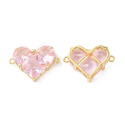 Pink Brass Pave Cubic Zirconia Connector Charms, Heart Links, Real 18K Gold Plated, Pink, 18.5x26x7.5mm, Hole: 1.6mm