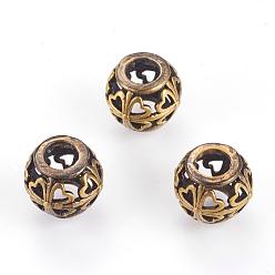 Brushed Antique Bronze Brass Beads, Hollow, Round with Heart, Brushed Antique Bronze, 11.5x9mm, Hole: 5mm