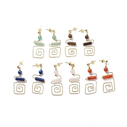 Mixed Stone 5 Pairs 5 Style Natural Mixed Gemstone Column Beaded Dangle Stud Earrings, Brass Rectangle Long Drop Earrings for Women, Light Gold, 50mm, Pin: 0.8mm, 1 Pair/style