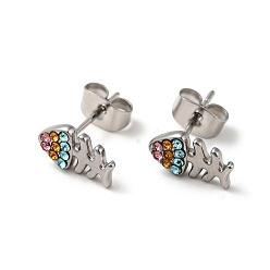 Colorful Rhinestone Fishbone Stud Earrings with 316 Surgical Stainless Steel Pins, Stainless Steel Color Plated 304 Stainless Steel Jewelry for Women, Colorful, 10.5x6mm, Pin: 0.7mm