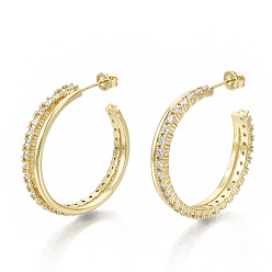 Real 18K Gold Plated Brass Micro Pave Clear Cubic Zirconia Stud Earrings, Half Hoop Earrings, with Ear Nuts, Nickel Free, Ring, Real 18K Gold Plated, 32x5mm, Pin: 0.8mm