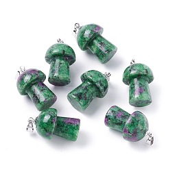 Rubis Zoïsite Rubis naturel en pendentifs zoisite, avec les accessoires en laiton de tonalité de platine, champignons, 25x14mm, Trou: 2.4mm