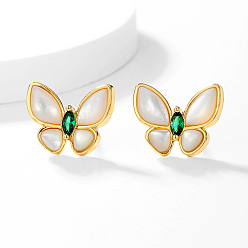 Golden Natural Shell Butterfly Stud Earrings for Women, Brass Earrings, Golden, 16x16mm