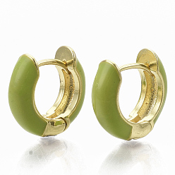 Yellow Green Brass Huggie Hoop Earrings, with Enamel, Real 18K Gold Plated, Yellow Green, 14x15x5mm, Pin: 1x1mm