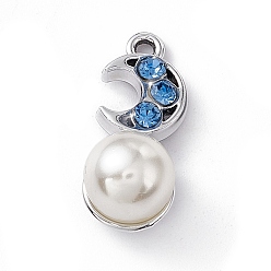 Sapphire Alloy Rhinestone Pendants, with ABS Imitation Pearl Beads, Moon Charm, Platinum, Sapphire, 19x8x8.5mm, Hole: 1.4mm