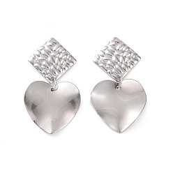 Stainless Steel Color 304 Stainless Steel Heart with Rhombus Dangle Stud Earrings for Women, Stainless Steel Color, 39mm, Pin: 0.8mm