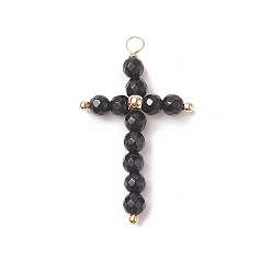 Black Onyx Natural Black Onyx(Dyed & Heated) Faceted Round Copper Wire Wrapped Pendants, Cross Charms, Light Gold, 38x23x5mm, Hole: 2.5mm