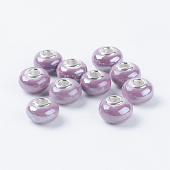 Фиолетовый Фарфора ручной работы европейский бусины, с двойными сердечниками серебрянного цвета из латуни, рондель, фиолетовые, 15x10~11 мм, отверстие : 5 мм