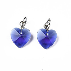 Bleu Breloques en verre transparent à facettes, avec anneau de saut en fer, cœur, bleu, 13~14x10x5~6mm, Trou: 4mm